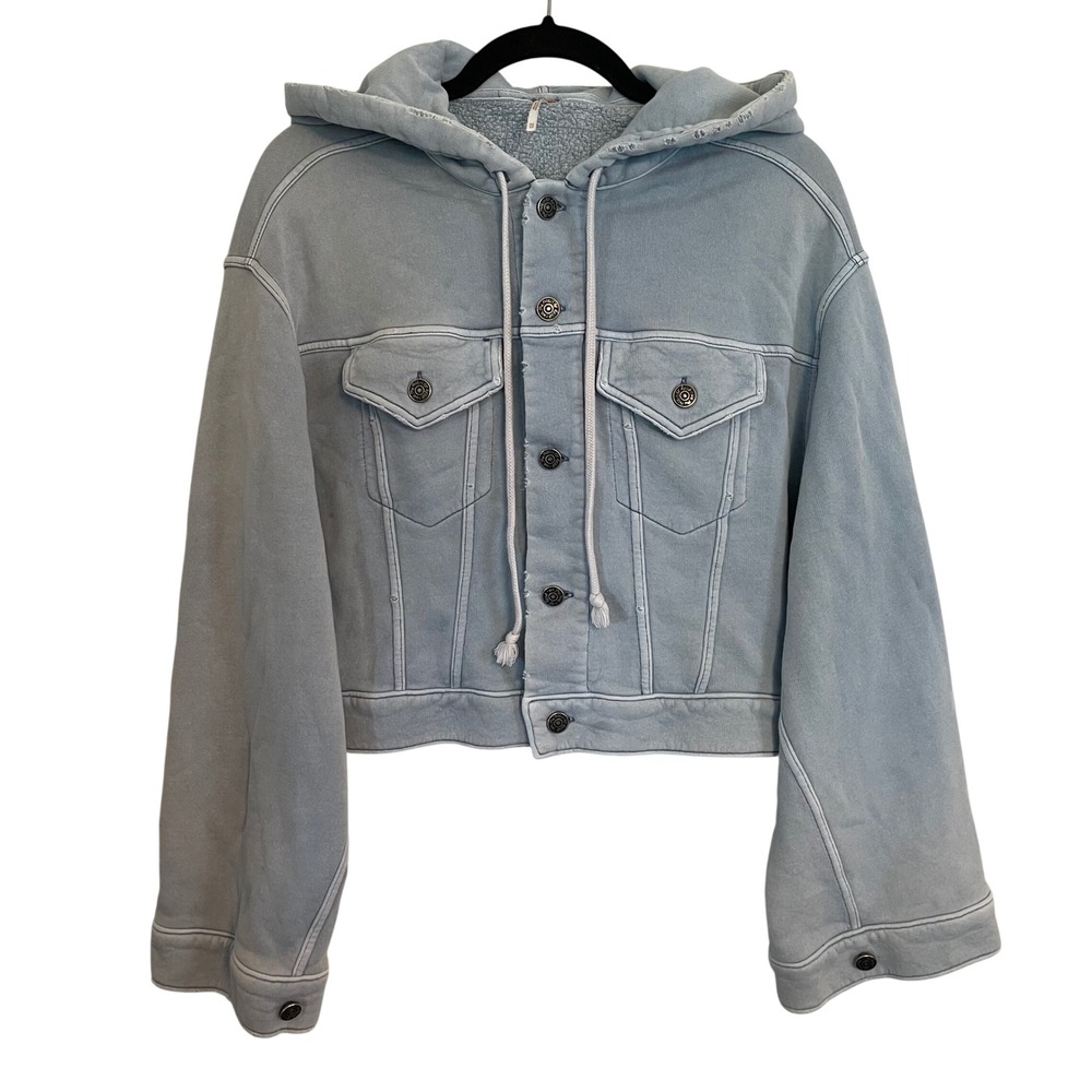 Free People Rumors Hoodie Jacket Faded Blue Cropped Button Front Fleece XS